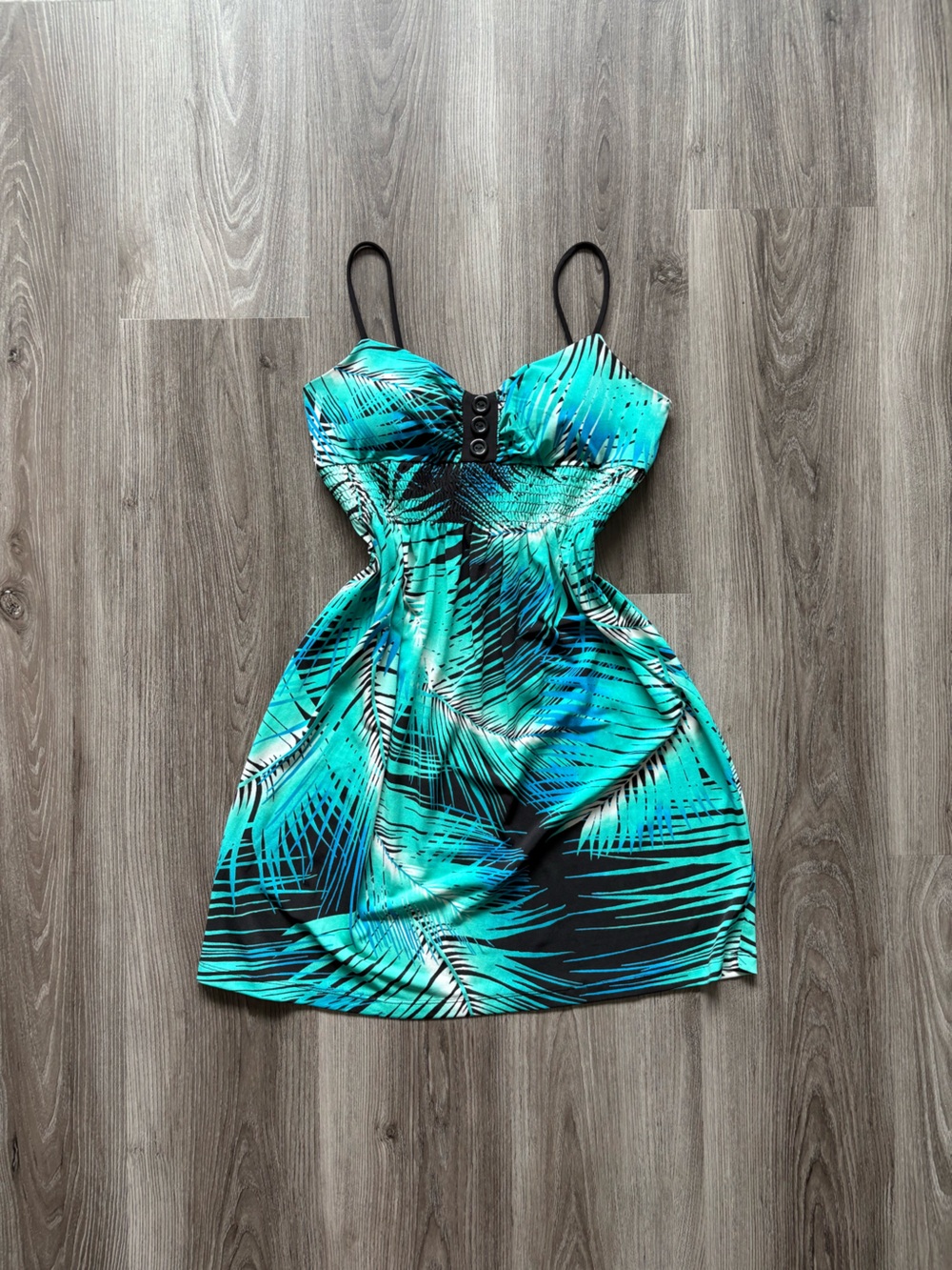 Y2K Sweet Storm Turquoise & Black Tropical Mini Dress